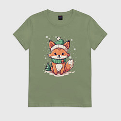 Футболка хлопковая женская Милая новогодняя лисичка, цвет: авокадо