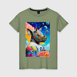 Футболка хлопковая женская Инопланетная носорожка - фантазия, цвет: авокадо
