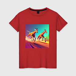 Футболка хлопковая женская Два бегущих жирафа в стиле кубизма, цвет: красный