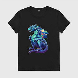 Футболка хлопковая женская Синий дракон новогодний, цвет: черный