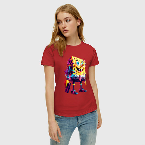 Женская футболка Губка Боб с пистолетом - киберпанк - нейросеть / Красный – фото 3