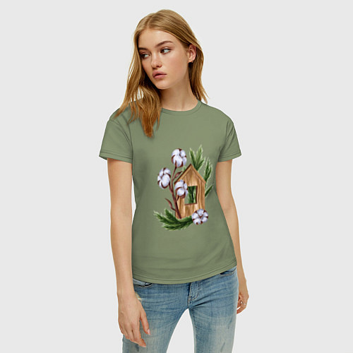Женская футболка Деревянный домик с хлопком и еловыми ветками / Авокадо – фото 3