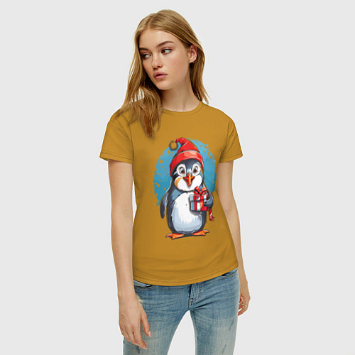 Женская футболка Пингвин с новогодним подарком / Горчичный – фото 3