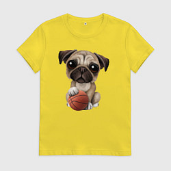Футболка хлопковая женская Мопс баскетболист, цвет: желтый