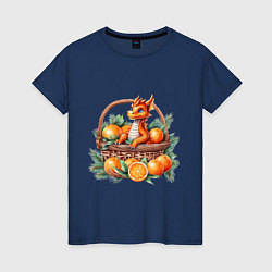 Футболка хлопковая женская Оранжевый дракон 2024 как мандарин в корзинке, цвет: тёмно-синий