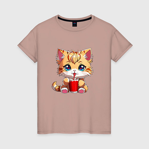 Женская футболка Кот с напитком / Пыльно-розовый – фото 1
