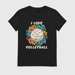 Футболка хлопковая женская I love volleyball, цвет: черный