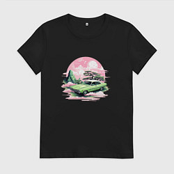 Футболка хлопковая женская Ретро автомобиль на розовом закате, цвет: черный