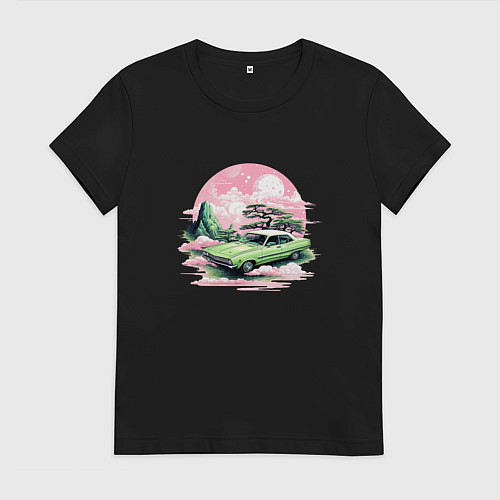 Женская футболка Ретро автомобиль на розовом закате / Черный – фото 1
