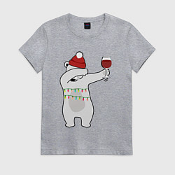 Футболка хлопковая женская Новогодний мишка с бокалом вина, цвет: меланж