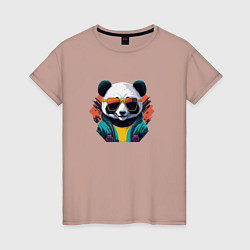 Футболка хлопковая женская Стильная панда в очках, цвет: пыльно-розовый