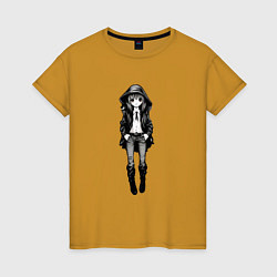 Футболка хлопковая женская Аниме девушка в капюшоне, цвет: горчичный