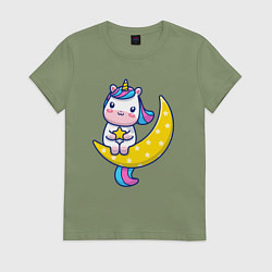 Футболка хлопковая женская Единорог на луне, цвет: авокадо
