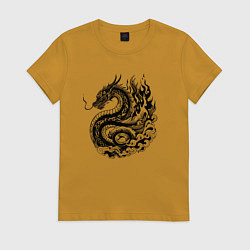 Футболка хлопковая женская Японский дракон - ирезуми, цвет: горчичный