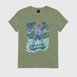 Футболка хлопковая женская Скелет на скейте цветной, цвет: авокадо
