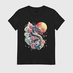 Футболка хлопковая женская Японский дракон на фоне солнца и цветки сакуры, цвет: черный