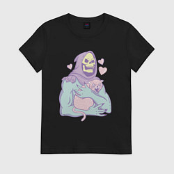 Футболка хлопковая женская Скелетор с котом, цвет: черный