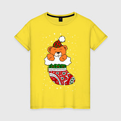 Футболка хлопковая женская Игрушечный мишка в носке, цвет: желтый
