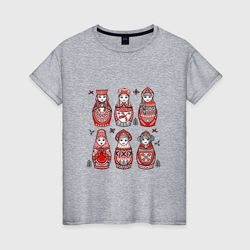 Женская футболка Шесть матрешек в стиле мезенской росписи / Меланж – фото 1