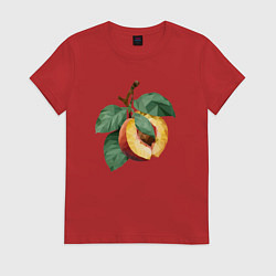Футболка хлопковая женская Персик с листьями, цвет: красный