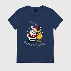 Футболка хлопковая женская Прикольный дед мороз, цвет: тёмно-синий