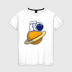 Футболка хлопковая женская Космонавт на Сатурне, цвет: белый
