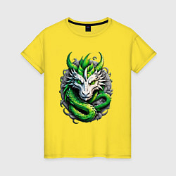 Футболка хлопковая женская Зеленый дракон символ 2024 года, цвет: желтый