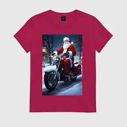 Футболка хлопковая женская Дед мороз на байке, цвет: маджента
