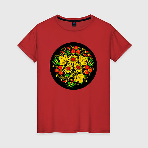 Женская футболка Хохломская роспись цветы и ягоды в чёрном круге / Красный – фото 1