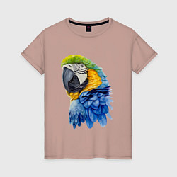 Футболка хлопковая женская Сине-золотой попугай ара, цвет: пыльно-розовый