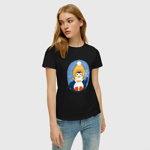 Женская футболка Пингвин со снежинкой / Черный – фото 3
