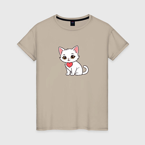 Женская футболка Белая кошка с сердечком / Миндальный – фото 1
