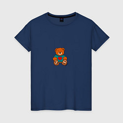 Футболка хлопковая женская Игрушечный мишка в свитере и сердце, цвет: тёмно-синий