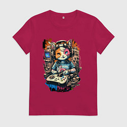 Футболка хлопковая женская Котейка геймер, цвет: маджента
