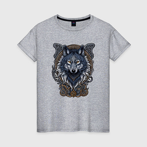 Женская футболка Волк талисман в славянском орнаменте / Меланж – фото 1