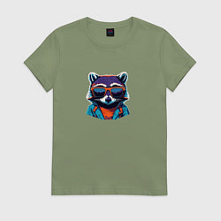 Футболка хлопковая женская Модный енот в очках, цвет: авокадо