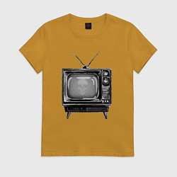 Футболка хлопковая женская Старый телевизор черно-белый шум и череп, цвет: горчичный