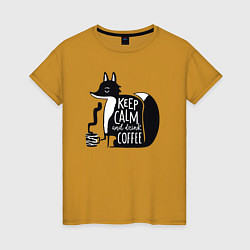 Футболка хлопковая женская Лисичка с кофе, цвет: горчичный