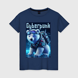 Футболка хлопковая женская Белый медвежонок в стиле киберпанк, цвет: тёмно-синий