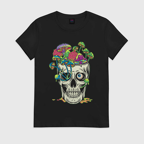 Женская футболка Психоделический череп с грибами / Черный – фото 1