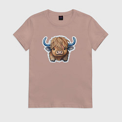 Футболка хлопковая женская Шотландский волосатый бык, цвет: пыльно-розовый