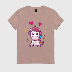 Футболка хлопковая женская Единорог в наушниках, цвет: пыльно-розовый