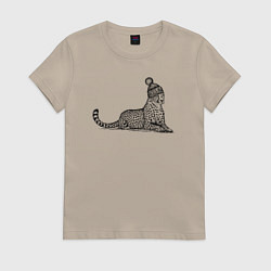 Футболка хлопковая женская Ягуар в шапке лежит, цвет: миндальный