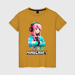 Футболка хлопковая женская Minecraft девушка с розовыми волосами, цвет: горчичный