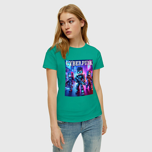 Женская футболка Minecraft and cyberpunk - collaboration / Зеленый – фото 3