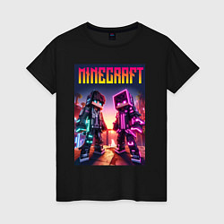 Футболка хлопковая женская Minecraft - neon fantasy ai art, цвет: черный