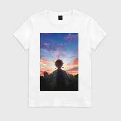 Футболка хлопковая женская Клинок рассекающий демонов Тандзиро Камадо рассвет, цвет: белый