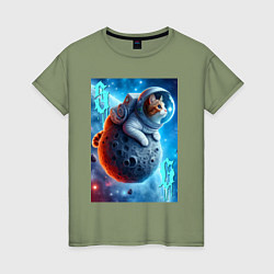 Футболка хлопковая женская Space cat - ai art, цвет: авокадо