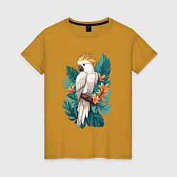 Футболка хлопковая женская Попугай какаду и тропические листья, цвет: горчичный