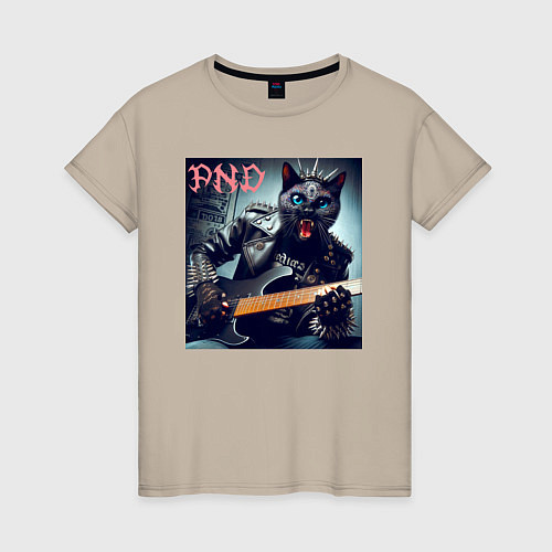 Женская футболка Чёрный котяра - панк гитарист / Миндальный – фото 1
